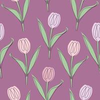 Seamless pattern of tulips drawn in one line. Vector illustration isolated on pink background.