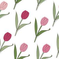 Seamless pattern of tulips drawn in one line. Vector illustration isolated on white background