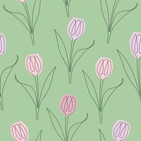 Seamless pattern of tulips drawn in one line. Vector illustration isolated on green background.