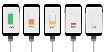 Set of smartphones with battery level indicator and USB connection. Vector infographic