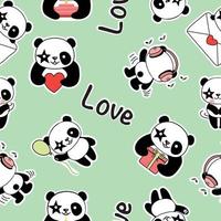 Seamless pattern with cute panda. The concept of love. Illustration on a green background. vector