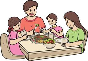 familia dibujada a mano comiendo comida en la ilustración de la mesa en estilo garabato vector