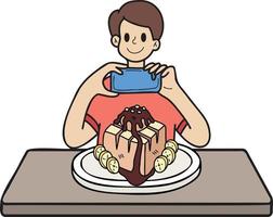 Hand Drawn man taking photo of dessert illustration in doodle style vector