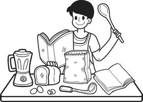 Hand Drawn Man practicing cooking from a book illustration in doodle style vector