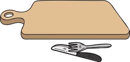 tabla de cortar de madera dibujada a mano con ilustración de tenedor y cuchillo en estilo garabato vector