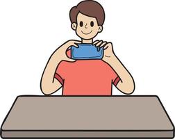 hombre dibujado a mano tomando una foto en la ilustración de la mesa de comedor en estilo garabato vector