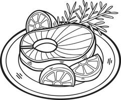 Hand Drawn Salmon steak on a plate illustration in doodle style vector