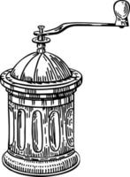 Hand drawing vintage coffee grinder. Coffee shop. Manual coffee grinder. A sketch in ink. vector