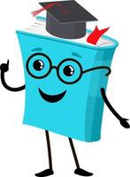 Kawaii textbook. Funny book character. Book of teacher and hat graduation and glasses. Cute textbook character, fun learning, cartoon icon vector