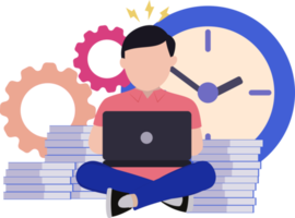 un homme termine le travail dans les délais. illustration d'un homme actif travaillant sur un ordinateur portable. illustration indépendante png