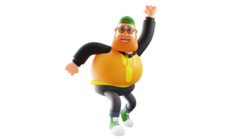 3D Illustration. Cheerful Fat Man 3D Cartoon Character. Rich people smile happily. A man style jumps with enthusiasm. 3D cartoon character png