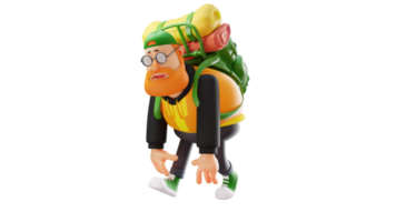 3D Illustration. Tired Fat Man 3D cartoon character. Men workers feel carrying heavy bags. The fat man was exhausted and walked with a bow. 3D cartoon character png