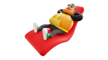 3D Illustration. Fat Man 3D Cartoon Character. Stylish Man  is relaxing on a long red chair. The fat man sleeps on a chair. 3D cartoon character png