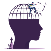 Think growth mindset concept-Symbolic visualization with creative, Businessman breaking out the cage on Big head human, think growth mindset concept png