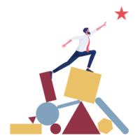 Businessman balancing on geometric shapes and reaching star. Achieving goal business png