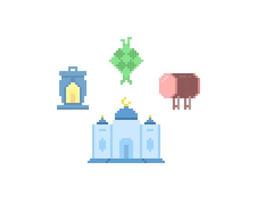 collection of ramadan design elements. ketupat, bedug, mosque, and lanterns or fanus. pixel art. vector