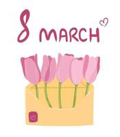 Greeting card with pink tulips International Women's Day. Postcard March 8 vector