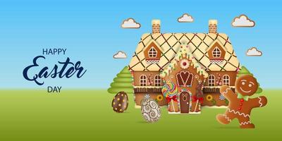 easter background with gingerbread cookies and chocolate eggs. spring landscape with easter eggs and gingerbread house vector