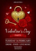 valentine's day poster with gold heart shaped padlock and key. valentine's day background with heart shaped diamonds and red roses vector