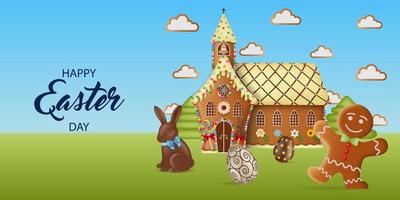 easter background with gingerbread cookies and chocolate eggs. spring landscape with easter eggs and gingerbread church vector