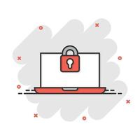 Locker computer icon in comic style. Padlock laptop cartoon vector illustration on white isolated background. Key unlock splash effect business concept.