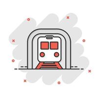 Metro icon in comic style. Train subway cartoon vector illustration on white isolated background. Railroad cargo splash effect business concept.