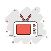 icono de tv en estilo cómico. ilustración de vector de signo de dibujos animados de televisión sobre fondo blanco aislado. concepto de negocio de efecto de salpicadura de canal de video.