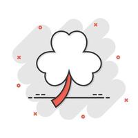 Four leaf clover icon in comic style. St Patricks Day cartoon vector illustration on white isolated background. Flower shape splash effect business concept.