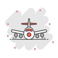 Plane icon in comic style. Airplane cartoon vector illustration on white isolated background. Flight airliner splash effect business concept.