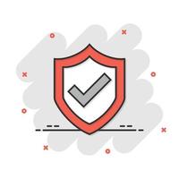 Shield with check mark icon in comic style. Protect cartoon vector illustration on white isolated background. Checkmark guard splash effect business concept.