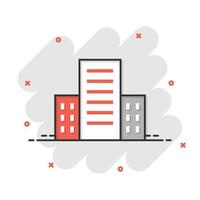 Building icon in comic style. Town skyscraper apartment cartoon vector illustration on white isolated background. City tower splash effect business concept.