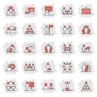 Business communication icon set in comic style. Team structure cartoon vector illustration on white isolated background. Office teamwork splash effect business concept.