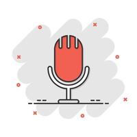 Microphone icon in comic style. Studio mike cartoon vector illustration on white isolated background. Audio record splash effect business concept.