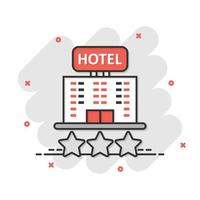 icono de signo de hotel 3 estrellas en estilo cómico. Posada edificio ilustración vectorial de dibujos animados sobre fondo blanco aislado. concepto de negocio de efecto de salpicadura de habitación de albergue. vector