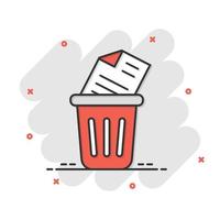 Trash bin with document icon in comic style. Paper recycle cartoon vector illustration on white isolated background. Office garbage splash effect business concept.