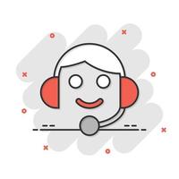 Helpdesk icon in comic style. Headphone cartoon vector illustration on white isolated background. Chat operator splash effect business concept.