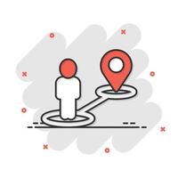 Map pin icon in comic style. Gps navigation cartoon vector illustration on white isolated background. Locate position splash effect business concept.