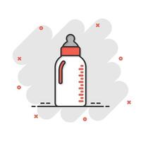 Baby bottle icon in comic style. Milk container cartoon vector illustration on white isolated background. Drink glass splash effect business concept.