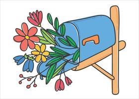 Blue mailbox with flowers. Bouquet of wild flowers. Romantic mail. Vector illustration in a flat style.