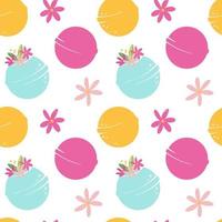 Seamless pattern with fragrant fizzy bath bombs. Cosmetic bubbling bath ball. Bath bomb with flowers. Vector illustration for packaging and any design.