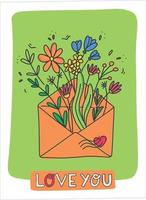 Letter with flowers on a green background. Bright postcard for Valentine's Day. Bouquet of wild flowers. Romantic mail. Vector illustration in a flat style.