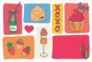 postal para el día de san valentín. una carta con flores, una botella de cava y copas, una fresa cubierta de chocolate, una tarta y corazones. símbolos de la fiesta de todos los amantes. vector