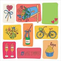 Postcard for Valentine's Day. A mailbox with flowers, a heart-shaped lollipop, cotton candy glasses and champagne. Symbols of the holiday of all lovers. Vector illustration in a flat style.