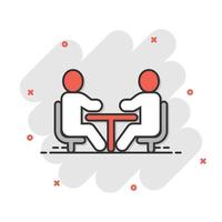 personas con icono de mesa en estilo cómico. ilustración de vector de dibujos animados de conferencia de trabajo en equipo sobre fondo blanco aislado. concepto de negocio de efecto de salpicadura de diálogo de altavoz.