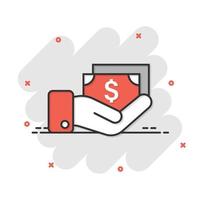 icono de remuneración en estilo cómico. dinero en la mano ilustración vectorial de dibujos animados sobre fondo blanco aislado. concepto de negocio de efecto de salpicadura de nómina de billetes. vector