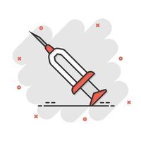 Syringe icon in comic style. Inject needle cartoon vector illustration on white isolated background. Drug dose splash effect business concept.