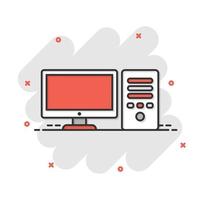 Pc computer icon in comic style. Desktop cartoon vector illustration on white isolated background. Device monitor splash effect business concept.