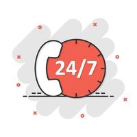 Phone service 24 7 icon in comic style. Telephone talk cartoon vector illustration on white isolated background. Hotline contact splash effect business concept.