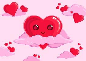 lindos corazones en el cielo, escondidos en las nubes, corazón sonriente con nubes, postal del día de san valentín, tarjeta, invitación, saludo, lindo afiche vectorial con corazones. vector