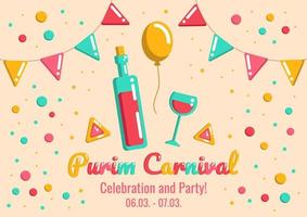 Purim holiday carnival announcement with wine and hamantaschen cookies, flags and confetti on a dark background, greeting, invitation for a jewish holiday. vector